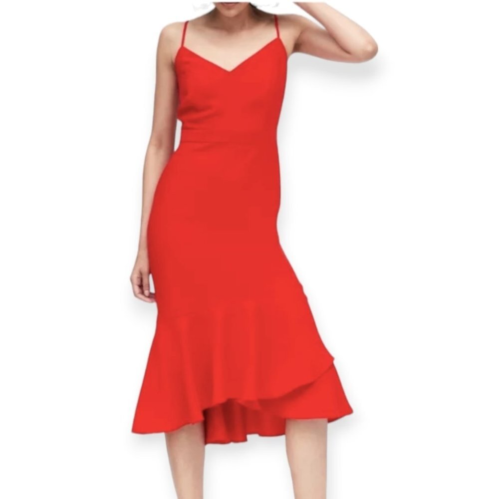 Banana Republic Red  Double Ruffle Hem Dress Petite 0 Woman Holiday Christmas